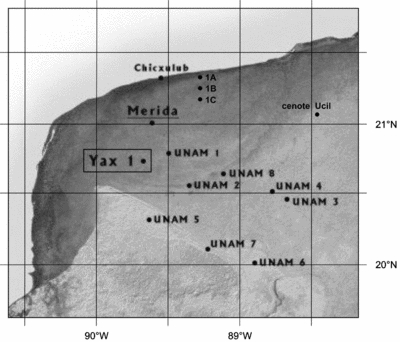 A map of the study area on the Yucatán peninsula (modified from JPL Planetary Photo Journal image #PIA03379) with the positions of the boreholes UNAM 1–8, Yaxcopoil-1, Mérida-observatory, 1A, 1B, 1C and the cenote Ucil.