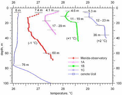 Temperature logs of the boreholes Mérida-observatory, 1A, 1B and 1C and of the cenote Ucil. The logs Mérida-observatory, 1B and 1C are shifted by -1 °C, +1 °C and +2 °C, respectively. The horizontal lines with hatching and depth labels indicate the groundwater levels in the individual boreholes. The horizontal lines with depth labels mark the fresh/saline groundwater transition zone based on the logs of the groundwater electric conductivity. For details see the text.