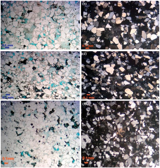 Photomicrographs showing the quartz arenite microfacies (a–d); and (e, f) showing the calcareous quartz arenite microfacies.