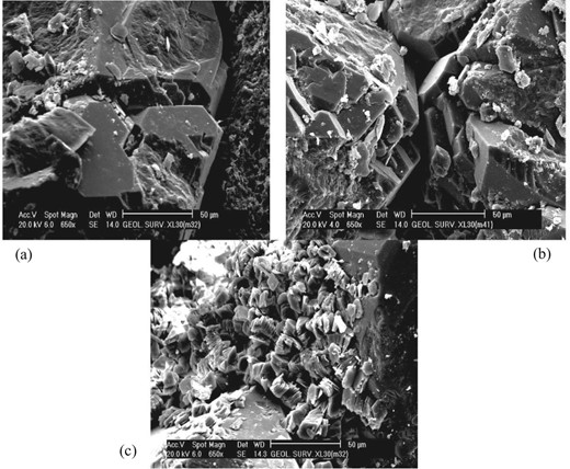 (a, b) SEM photomicrographs showing some quartz overgrowth reduced the porosity. (c) SEM photomicrograph showing kaolinite partly is filling the intergranular pores between quartz grains.