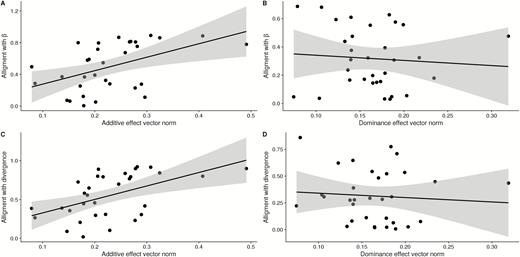 Size and alignment for chosen markers. Pleiotropic effect vector alignment with selection and divergence between founders. Panels A and B show the relation between pleiotropic effect vector norm and alignment to estimated selection gradient (β), while panels C and D show the relation between pleiotropic effect vector norm and alignment to phenotypic divergence. (A and C) additive effects; (B and D) dominance effects.