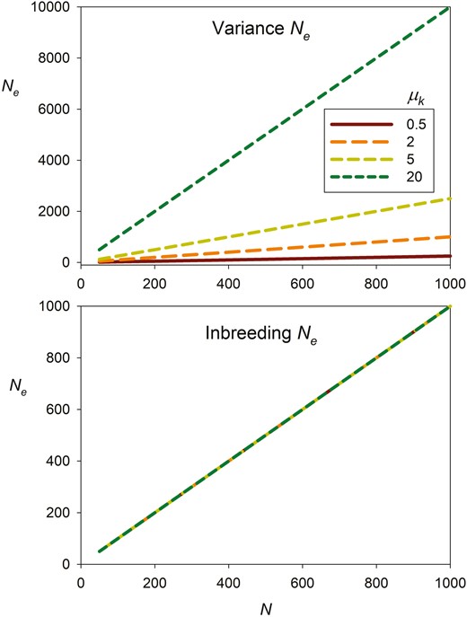 Contrasting effects of mean number of offspring per parent (μk) on variance Ne (top) and inbreeding Ne (bottom). The X axis plots the number of ideal individuals in the population (N). Results are based on Equations 7 and 8 assuming random reproductive success, so E(σk2)=μk(N−1)/N, in which case inbreeding Ne = N regardless of mean offspring number, whereas variance Ne is proportional to μk.