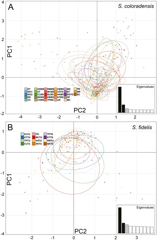 Individual-based PCA plots of population structure with environmental variables for (A) Sweltsa coloradensis and (B) Sweltsa fidelis. Largest 3 raw eigenvalues (and % variance explained) were 164.57 (4.27), 50.59 (1.31), and 25.81 (0.67) for S. coloradensis and were 48.36 (4.68), 19.26 (1.86), and 16.15 (1.56) for S. fidelis.