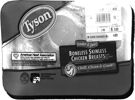 Supermarket chicken with AHA Seal of Approval. Under the red heart with the white check, the logo states: “Meets American Heart Association food criteria for saturated fat and cholesterol for healthy people over age 2.” Note that the chicken has been injected with a saline solution. Four ounces contain 200 mg of sodium. Approving meats injected with salt seems to be at odds with the AHA's long-standing efforts to reduce hypertension. Some hyptertensives are known to be salt-sensitive. Photo taken by me in Blacksburg, Virginia, summer 2005.