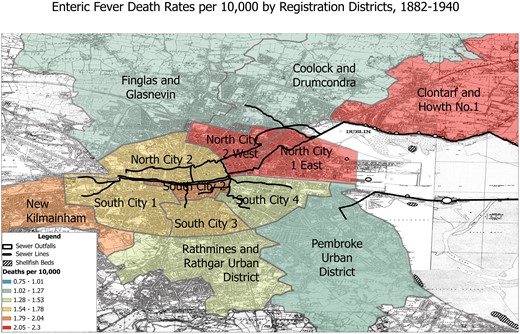 Enteric Fever Death Rates per 10,000 by Registration District, 1882-1940. SOURCE: © OpenStreetMap Contributors. Base Map Ordinance Survey of Ireland, 1937. Mortality data compiled from Charles Cameron, Medical Officer of Health Reports, 1881-1941.