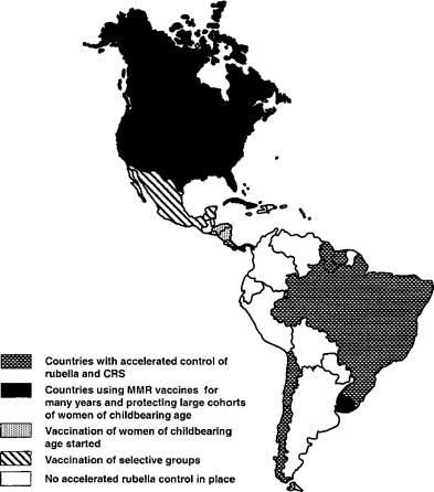 Countries with accelerated rubella/congenital rubella syndrome (CRS) control programs in the Americas by strategy, June 2002. MMR, measles‐mumps‐rubella.