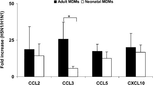 Increase in CCL2, CCL3, CCL5, and CXCL10 expression in H5N1/97-infected adult and neonatal monocyte-derived macrophages (MDMs), compared with that in H1N1/98-infected MDMs. After influenza virus infection, total RNA was harvested at the 7-h point of infection. The target genes were quantified by quantitative reverse-transcription polymerase chain reaction and normalized to 104 copies of β-actin mRNA. The fold increase is the normalized no. of target-gene copies in H5N1/97-infected MDMs divided by the no. in H1N1/98-infected MDMs. Significantly higher fold increases in CCL3 expression were detected in H5N1/97-infected adult MDMs than in neonatal MDMs. The data shown are the mean±SE from 6 sets of independent experiments. *P<.05