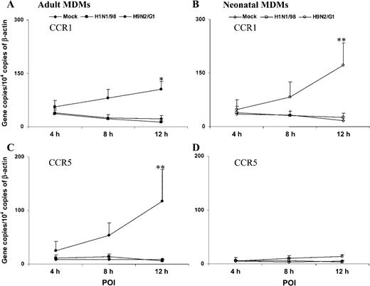 CCR1 and CCR5 mRNA expression in influenza virus–infected adult and neonatal monocyte-derived macrophages (MDMs). The graphs depict the kinetics of CCR1 and CCR5 expression in H1N1/98- and H9N2/G1-infected adult MDMs (A and C) and neonatal MDMs (B and D). After influenza virus infection, total RNA was harvested at the 4-h, 8-h, and 12-h points of infection (POIs). The target genes were quantified by quantitative reverse-transcription polymerase chain reaction and normalized to 104 copies of β-actin mRNA. Significantly higher expression of both CCR1 and CCR5 were detected in H9N2/G1-infected adult MDMs than in H1N1/98-infected adult MDMs. Up-regulation of CCR1 expression, but not of CCR5 expression, was detected in H9N2/G1-infected neonatal MDMs. The data shown are the mean±SE from 6 sets of independent experiments. *P<.05; **P<.01