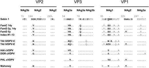 Sequences of amino acid residues within or bounding neutralizing antigenic (NAg) sites. Residues defining the type 1 poliovirus NAg sites by mutations conferring resistance to neutralization by monoclonal antibodies [24 -27] are indicated by boldface type. The trypsin cleavage site in NAg-1, characteristic of Sabin 1 [28], is underlined. cVDPV, circulating vaccine-derived poliovirus; DOR, Dominican Republic; FamC, family C; FamD, family D; Index, index patient; iVDPV, immunodeficiency-related vaccine-derived poliovirus; PHL, Philippines; TAI, Taiwan.