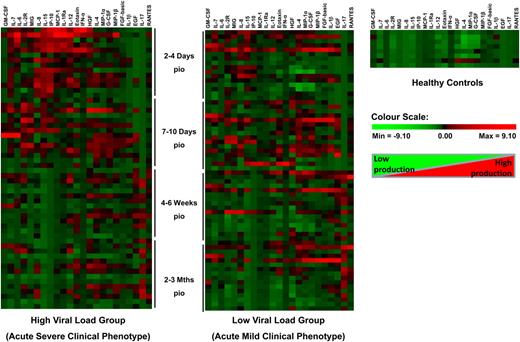 Patterns of acute phase immune mediators, shown by 2-way hierarchical clustering. Each colored cell in the 3 hit maps represents the relative levels of expression of a particular cytokine in a patient. Green indicates low production, and red indicated high production. The first and second hit maps from the left represent the qualitative cytokine expression profiles of patients in the high viral load (HVL) and low viral load (LVL) groups, respectively. Different disease phases are illustrated: acute phase (median, 4 days after illness onset), early convalescent phase (median, 10 days after illness onset), late convalescent phase (4–6 weeks after illness onset), and chronic phase (2–3 months after illness onset).