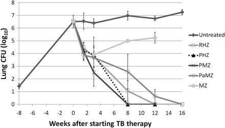 Efficacy of combination tuberculosis drug treatment in C3HeB/FeJ mice. Eight weeks after a low-dose aerosol infection, C3HeB/FeJ mice were allocated to different treatment groups. Lungs from mice treated with the PMZ and PHZ regimens were culture negative after 8 weeks of treatment, whereas lungs from mice treated with the standard RHZ regimen were culture negative only after 12 weeks of treatment. After displaying significant bactericidal activity during the first 3 weeks, MZ was ineffective and even permitted bacterial multiplication. Only 5 of 6 mice treated with PaMZ were culture negative after 16 weeks of treatment. At least 4 mice were killed for each group and time point assessed. Data are presented on a logarithmic scale as means ± standard deviations. CFUs, colony-forming units; H, isoniazid; M, moxifloxicin; P, rifapentine; Pa, PA-824; R, rifampin; Z, pyrazinamide.