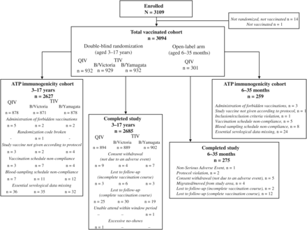 Participant flow. Abbreviations: ATP, according-to-protocol; QIV, quadrivalent influenza vaccine; TIV-Vic, trivalent influenza vaccine Victoria lineage B strain; TIV-Yam, trivalent influenza vaccine Yamagata lineage B strain.