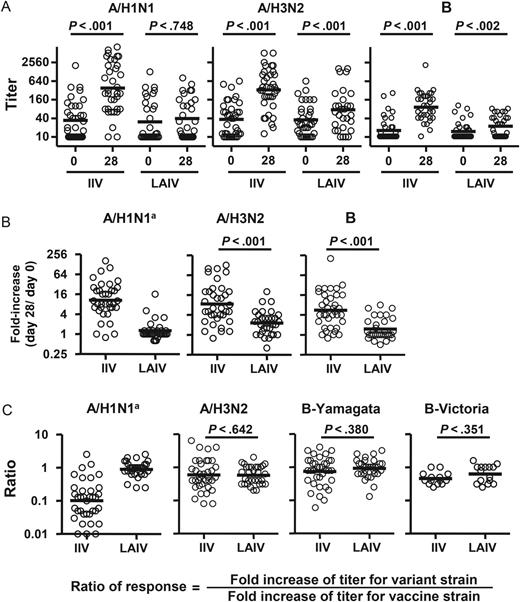 Vaccine- and heterovariant-specific serum neutralizing antibody responses to live attenuated influenza vaccine (LAIV) or inactivated influenza vaccine (IIV) immunization. A, Serum neutralization titers against the 3 vaccine strains before (day 0) and after (day 28 ± 4) vaccination. B, Fold-increase in titer after vaccination. C, Cross-reactive neutralizing antibody responses, calculated as the ratio of titer fold-increase for the heterovariant strain to the titer fold-increase against the respective homologous vaccine strain. The vaccine strains tested were A/California/7/2009(H1N1), A/Perth/16/2009(H3N2), and B/Brisbane/60/2008. The heterovariant strains tested were A/Brisbane/59/2007(H1N1), A/Brisbane/10/2007(H3N2), B/Florida/4/2006 (Yamagata lineage), and B/Malaysia/2506/2004 (Victoria lineage). The 2011 serum samples were not tested with B/Malaysia/2506/2004 (Victoria). Samples from all 2010 and 2011 study participants were included. Bars indicate geometric means, which were calculated across triplicate assays per sample via fitting a Weibull distribution model. Hypothesis testing employed robust MM regression. aComparison between the TIV and LAIV groups was not performed because of the lack of response in the LAIV recipients.