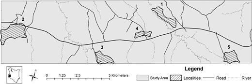 Map of study area showing the main roads (black lines) and rivers (dotted lines). The five selected localities where this survey occurred are shown.