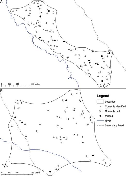 Maps of focal screening and treatment (FSAT) sensitivity. Locality with the highest (A) and lowest (B) proportion of the parasite reservoir identified using the FSAT approach. Dots represent each household screened as part of this study, including those households that had nPCR-positive individuals but were missed by the best definition of sentinel population (black circle), those that were correctly identified as infection positive (gray triangle) and those that were correctly classified as infection negative (black cross). Abbreviation: nPCR, nested polymerase chain reaction.