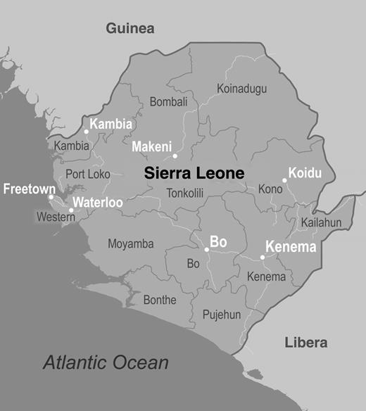 Map of Sierra Leone, with the different districts shown. District names are in black text, city names in white. The Centers for Disease Control and Prevention laboratory was initially established in Kenema but was relocated to Bo in September 2014.
