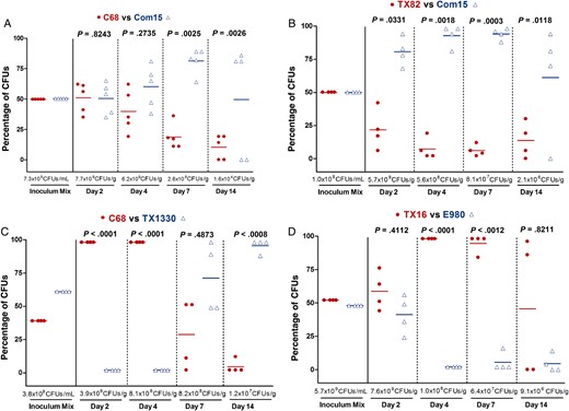 Gastrointestinal tract (GIT) colonization by Enterococcus faecium subclade A1 versus clade B strains after mixed inoculation. Percentage of colony-forming units (CFUs) of subclade A1 versus clade B from the inoculum mix and from fecal pellets recovered 2, 4, 7, and 14 days after mixed inoculation of the A1 versus B strain pairs C68 versus Com15 ( A ), TX82 versus Com15 ( B ), C68 versus TX1330 ( C ), and TX16 versus E980 ( D ). The horizontal lines indicate the means; the geometric mean log 10 CFUs per gram of E. faecium recovered from fecal pellets on enterococcosel agar with 8 μg/mL nitrofurantoin are indicated at the bottom of each graph below the x -axes. The P values were calculated using a paired t test for the percentage of bacteria recovered in the fecal pellets versus that of the inoculum mix.
