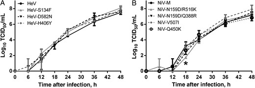 In vitro growth characteristics of wild-type Nipah virus (NiV) and Hendra virus (HeV) and neutralization-escape mutants. Cultures of Vero E6 were infected in triplicate with wild-type and neutralization-escape mutants of HeV (A) and NiV strain Malaysia (NiV-M; B) at a multiplicity of 0.01, as described in “Materials and Methods” section. Virus titers at different time points were determined by a 50% tissue infective culture dose (TCID50) assay, using Vero E6 cells. Error bars represent standard deviations. *P < .05 by 2-way analysis of variance, compared with the wild-type strain.