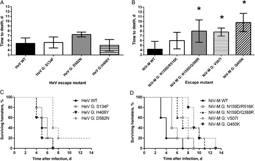 Effect of neutralization escape on virulence of henipaviruses in hamsters. Time to death (A and B) and percentage survival over time (C and D) for hamsters infected with wild-type (WT) and neutralization-escape mutants of Hendra virus (HeV; A and C) and Nipah virus strain Malaysia (NiV-M; B and D). Error bars represent standard deviations. *P < .05 by 2-way analysis of variance, compared with the WT strain.