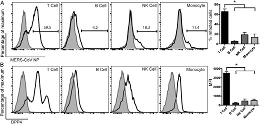 Middle East respiratory syndrome coronavirus (MERS-CoV) differentially infects subsets of human peripheral blood mononuclear cells (PBMCs). A, Human PBMCs were infected with MERS-CoV at 2 50% tissue culture infective doses per cell. At 24 hours after infection, infected cells were fixed with 4% paraformaldehyde (PA) and immunolabeled for detection of cell surface markers and MERS-CoV nucleoprotein (NP). The shaded curve and the solid line represent MERS-CoV NP expression from mock-infected and MERS-CoV–infected cells, respectively. The summary panel at the right represents the average percentage of infected cells from 3 different donors. B, Uninfected human PBMCs were fixed with 4% PA and immunolabeled for detection of surface DPP4 expression. The shaded curve and the solid line represented isotype and DPP4-specific staining, respectively. The summary panel at the right represents the average mean fluorescent intensity (MFI) from 3 different donors. In all panels, bars and error bars represented means and standard deviations, respectively. Statistical analyses were performed using the Student t test. *P < .001. Abbreviation: NK, natural killer.