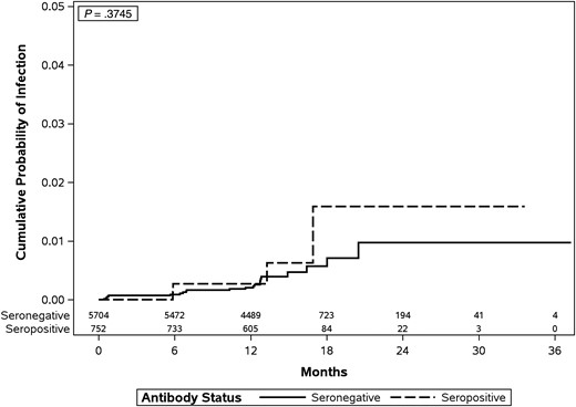 Kaplan–Meier estimate of the cumulative incidence of oral human papillomavirus (HPV) infection, by baseline serostatus (for HPV-6, -11, -16, or -18), among men in the HPV Infection in Men Study (participants were recruited in Tampa, FL, Cuernavaca, Mexico, and São Paulo, Brazil). Because of small sample sizes, cumulative incidence curves were compared using a Cox P value derived from a Cox proportional hazards model.