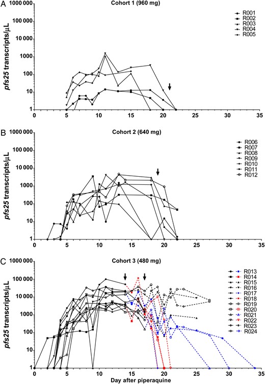 Course of gametocytemia after piperaquine treatment. A, Cohort 1 (960 mg). Subjects in cohort 1 received primaquine 21 days after piperaquine treatment. B, Cohort 2 (640 mg). Subjects in cohort 2 received primaquine 19 days after piperaquine treatment. C, Cohort 3 (480 mg). In cohort 3A (R013–R018), all subjects but R016 received a second dose of piperaquine 9 days after the first piperaquine dose. Subject R016 received a second dose of piperaquine 8 days after the first piperaquine dose. In cohort 3B (R019–R024), subjects who had recrudescence received a second dose of piperaquine (4, 16, and 20 days after the first piperaquine dose for subjects R019, R020, and R023, respectively). Subjects in cohort 3 were randomized in 3 arms to receive 15 mg of primaquine, 45 mg of primaquine, or no primaquine. Subjects in the 15 mg and 45 mg arms received primaquine treatment 14 or 17 days after the first piperaquine dose (indicated with an arrow). Subjects in the no-treatment arm only received primaquine treatment at the end of the study (25 or 27 days after the first piperaquine dose). Dashed lines in the figure represent gametocytemia after randomization for primaquine treatment. Dashed lines in blue correspond with 15 mg primaquine treatment arm; dashed lines in red correspond to the 45 mg primaquine treatment arm; dashed lines in black correspond to the no-treatment arm (control group). For the control group, clearance of gametocytemia following primaquine treatment at the end of study is not shown.