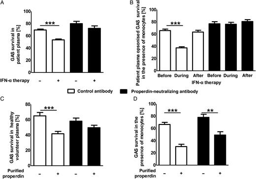 Group A Streptococcus (GAS) killing in the presence of endogenous or exogenous properdin. A, GAS killing by patient plasma obtained before or during interferon α (IFN-α) therapy in the presence (closed bars) or absence (open bars) of properdin-neutralizing antibodies. B, Plasma derived from patients before, during, and after IFN-α therapy was used to opsonize GAS. Killing of opsonized GAS by purified monocytes from healthy donors was assessed in the presence (closed bars) or absence (open bars) of properdin-neutralizing antibodies. C, GAS survival in plasma from healthy volunteers in the presence (closed bars) or absence (open bars) of purified properdin and/or properdin-neutralizing antibodies. D, Assessment of GAS killing by monocytes in the presence or absence of purified properdin and/or properdin-neutralizing antibodies. Each experiment was performed in triplicate and was repeated 3 times (data are means ± standard errors of the mean). Plasma from 3 patients (A and B) was used in triplicate. Groups were compared by using 1-way analysis of variance with the post hoc Dunnett multiple comparisons test. **P < .01 and ***P < .001.