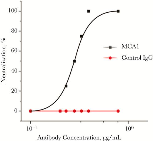MCA1 neutralized Middle East respiratory syndrome coronavirus (MERS-CoV) in vitro. The neutralizing activities of MCA1 against MERS-CoV were examined using Vero E6 cells. An irrelevant human immunoglobulin G (IgG) was used as a control.