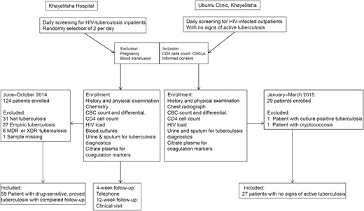 Study flow. Flow diagram showing an overview of methods, patient recruitment, and criteria for inclusion in this study. Between June and November 2014, we recruited adult patients immunodeficiency virus (HIV) infection, CD4 cell counts <350/µL, and a tuberculosis diagnosis or a high clinical suspicion of tuberculosis on admission to Khayelitsha Hospital. Patients who were pregnant or received a blood transfusion were excluded, and only patients with microbiologically proved rifampicin-susceptible tuberculosis were included in the analyses. A random selection procedure was used to select 2 eligible patients on each weekday. As controls, HIV-infected outpatients with CD4 cell counts <350/µL but active tuberculosis were recruited at the Ubuntu Clinic in Khayelitsha. Abbreviations: CBC, complete blood cell; MDR, multidrug resistant; XDR, extensively drug resistant.
