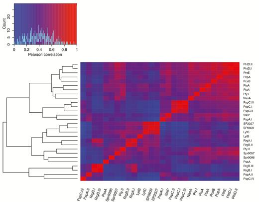 Pearson correlations of log10 antibody titers for 28 protein antigens clustered heuristically by correlation value. Correlations between normalized antibody titers of protein antigens were clustered using heuristic methods. Protein antigens, including multiple variants of the same antigen, are labeled on the x- and y-axes, and the heatmap displays the correlation values between antigens. The dendrogram on the left represents the results of the heuristic clustering of correlated antibody titers. Significant correlation between variants of the same antigen was observed, as well as high correlation among several antigens, which likely exist on the same genomic background.