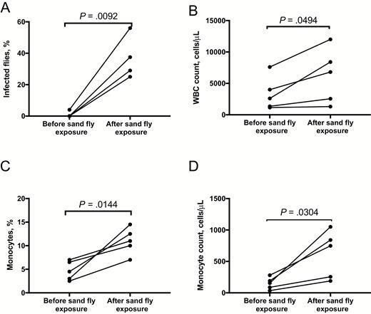 Monocyte mobilization in the peripheral blood following exposure to sand fly bites. Blood specimens were obtained from sick hamsters before and after exposure to sand fly bites for artificial feeding and underwent comparisons of total and differential leukocyte counts. A, Transmission of Leishmania donovani strain Mongi to flies by artificial feeding on blood obtained before or 24 hours after exposure to sand fly bites. B and C, Total white blood cell (WBC) counts per microliter of whole blood (B) and monocytes expressed as a percentage of total leukocytes and as the total number of cells per microliter of whole blood obtained before and after exposure to sand fly bites (C).