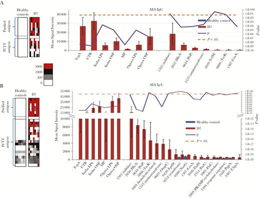 Differentially reactive cholera antigens identified in antibody-in-lymphocyte supernatant (ALS). Average immunoglobulin G (IgG) (A) and immunoglobulin A (IgA) (B) ALS signal intensities to differentially reactive antigens (fold change ≥1.5) for cholera patients (n = 7) at day 7 of infection compared to healthy Bangladeshi controls. On the left are heat maps reflecting the overall IgG and IgA reactivity for the purified antigens (top) and in vitro transcription/translation (IVTT) antigens (bottom). A colorized scale provides the reactivity intensity: White represents no immunoreactivity through to red representing strong immunoreactivity. On the right are representative histograms of the average signal intensities (y-axis) of each differentially reactive antigen (x-axis). The antigens are ordered based on average signal intensity, highest to lowest, with the purified antigens plotted on the left and IVTT antigens plotted on the right. A Bayes regularized t test adapted from Cyber-T for protein arrays was applied on normalized values for calculating the P values plotted on the secondary y-axis. P < .05 was considered significant and symbolized by a dotted line. Error bars indicate standard error. Proteins are listed according to their PATRIC ID VBIVibCho83274_X.