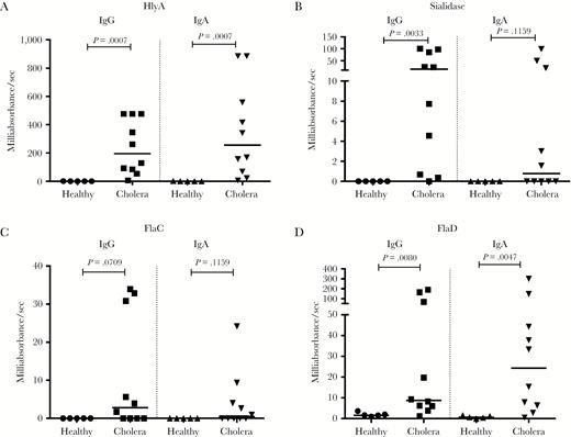 Anti–Vibrio cholerae mucosal antibody-in-lymphocyte supernatant immunoglobulin G (IgG) and immunoglobulin A (IgA) responses. Enzyme-linked immunosorbent assay validation of 4 immunogenic proteins identified by the array. Anti-HlyA, sialidase, FlaC, and FlaD IgG and IgA mucosal responses in cholera patients (n = 10) at day 7 and healthy Bangladeshis (n = 5). Differences between groups were assessed using Mann-Whitney test.