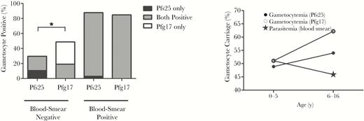 Detection of the malaria infectious reservoir in Ghanaian children. RNA was extracted from blood samples acquired from Ghanaian children aged 0–16 years and evaluated for gametocyte carriage by reverse-transcription polymerase chain reaction, using primers specific for Pfs25 and Pfg17. Asexual parasitemia was confirmed via blood-film microscopy. While Pfs25 and Pfg17 displayed no significant difference in sensitivity among positive specimens (n = 33), Pfg17 detected gametocytes in 19.1% more of the blood-film microscopy–negative samples (n = 47). Data were further stratified by age to evaluate any apparent differences in asexual- and sexual-stage parasite prevalence. While no differences observed were statistically significant, older children aged 6–16 years generally had overall higher rates of gametocyte carriage and lower rates of asexual-stage parasitemia. *P <.05 by the McNemar test.