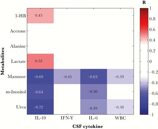 Metabolites discriminatory for patient neurological symptoms correlate with immunological measures in the central nervous system. False discovery rate–corrected Spearman-ranked correlation coefficient matrix shows statistically significant (P < .05) positive and negative correlations. 3-HB, 3-hydroxybutyrate; IL-6, interleukin 6; IL-10, interleukin 10; IFN-γ, interferon-γ; m-inositol, myo-inositol; WBC, white blood cell count.