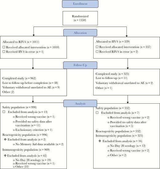 Flow of study participants. AE, adverse events; IIV4, quadrivalent-inactivated influenza vaccine; RIV4, quadrivalent recombinant influenza vaccine.