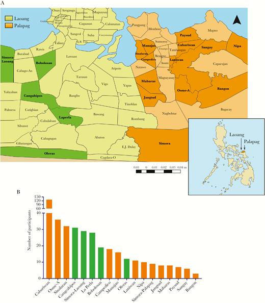 A, Map of the Philippines showing the position of Palapag and Laoang municipalities and the location of the 18 study barangays. (Adapted from a map from Global Administrative Areas: www.gadm.org). B, Distribution of study participants across the 18 barangays.