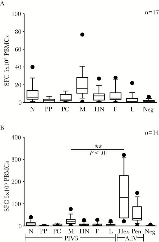 Frequency of parainfluenza virus type 3 (PIV3)–specific T cells in healthy donors. A, Frequency of PIV3-specific T cells in peripheral blood as determined by interferon-γ enzyme-linked immunospot assay (n = 17). B, Frequency of PIV3 and adenovirus (Hexon and Penton)–reactive T cells in peripheral blood in 14 individuals. Data points outside the 10th to 90th percentile are represented as dots. Results are reported as spot-forming cells per 5 × 105 peripheral blood mononuclear cells plated. Abbreviations: AdV, adenovirus; F, fusion; Hex Pen, Hexon and Penton; HN, hemagglutinin-neuraminidase; L, large protein; M, matrix; N, nucleocapsid; PBMCs, peripheral blood mononuclear cells; PC, protein C; PIV3, parainfluenza virus 3; PP, phosphoprotein; SFC, spot-forming cells.