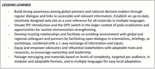 Lessons learned: global communications and advocacy. Abbreviations: OPV, oral poliomyelitis vaccine; IPV, inactivated poliomyelitis vaccine.