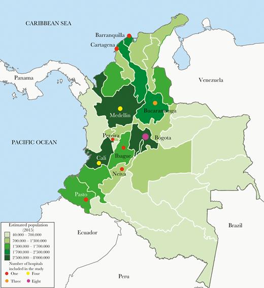 Map of Colombia showing the locations where isolates were collected. The 10 cities included in the study are located in the most densely populated areas of the country (as indicated by darker hues). The number of hospitals per city is indicated by colored circles.