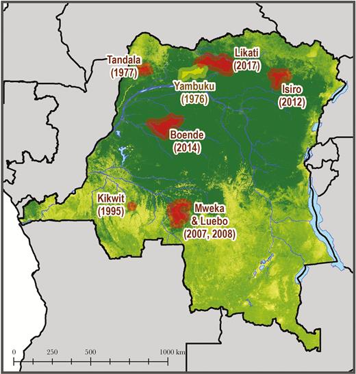 Map highlighting the location and year of prior Ebola virus Zaire outbreaks within the Democratic Republic of the Congo.