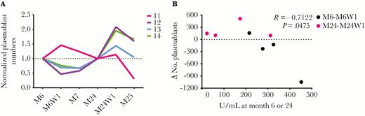 The magnitude of the plasmablast response also inversely correlates with preexisting antibody (Ab) titers. A, Absolute numbers of plasmablasts in blood at 1 week and 1 month postvaccination (M6W1 and M7) were normalized to numbers at M6, when subjects received their third quadrivalent human papillomavirus (4HPV) vaccine dose. Likewise, numbers of plasmablasts at M24W1 and M25 were normalized to numbers at M24, when subjects received a fourth booster 4HPV dose. B, Changes in the numbers of plasmablasts from M6 to M6W1 in response to the third dose at M6 (black dots) or from M24 to M24W1 in response to the booster dose at M24 (pink dots) inversely correlated with the preexisting binding anti–HPV-16 immunoglobulin G (IgG) titers at the time of vaccination. Pearson correlation. n = 4 human subjects.