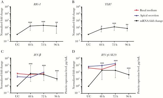 Main pathogen sensing and initiation of antiviral signaling in human nasal epithelial cells (hNECs), as measured by intracellular messenger RNA (mRNA) levels. Key pathogen sensors were analyzed to determine the main pathogen sensors that were important in human rhinovirus (HRV) infection. The main pathogen sensors and effectors were RIG-I (A), TLR7 (B), IFN-β (C), and IL29/IFN-λ1 (D; n = 12). Each plot shows the intracellular mRNA expression levels as median fold changes with interquartile ranges at each time-point, compared with uninfected control (UC) cells. The left y-axes show the normalized fold change in values for infected cells, compared with UC cells. The right y-axes of panels C and D show protein expression levels for apical (blue) and basal (red) secretion (n = 5). HRV infection preferentially induced the type I and III interferon pathways. The significance level was calculated using 1-way analysis of variance (for nonparametric, grouped data) and the Dunn multiple comparisons test. *P < .05, **P < .01, and ***P < .001, compared with UC cells.