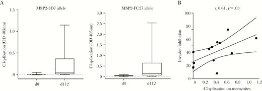 MSP2 vaccination induced C1q-fixing antibodies to MSP2 that correlated with complement-dependent invasion inhibition activity. A, Serum samples derived from the MSP2 vaccine trial were assayed for C1q-fixing antibodies against the 3D7 or FC27 alleles of MSP2. Data are median optical density (OD) levels and interquartile ranges, day 0 prevaccination and 112 days postvaccination samples. C1q-fixation is reported as OD values measured by enzyme-linked immunosorbent assay (ELISA). B, C1q-fixing antibodies from postvaccination samples (day 112) were correlated with complement-dependent invasion inhibition activity.