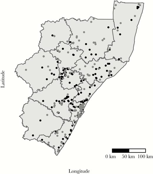 Black dots indicate locations of reported home residences of TRAX cases who are genomically linked; grey dots indicate those not genomically linked. The eleven districts of KwaZulu-Natal are labeled. The most populous district in KwaZulu-Natal is eThekwini, which includes the city of Durban. Note: As of 2015, Sisonke district is known as Harry Gwala district and as of 2016, Uthungulu district is known as King Cetshwayo district.