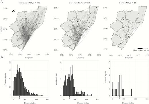A, Dots indicate home residences of XDR-tuberculosis cases; lines represent genomic links between cases. B, Arrows under histograms indicate the median distance between homes of genomically linked case-pairs at each SNP threshold. Note differences in the y axis range across plots. Abbreviation: SNP, single nucleotide polymorphism.