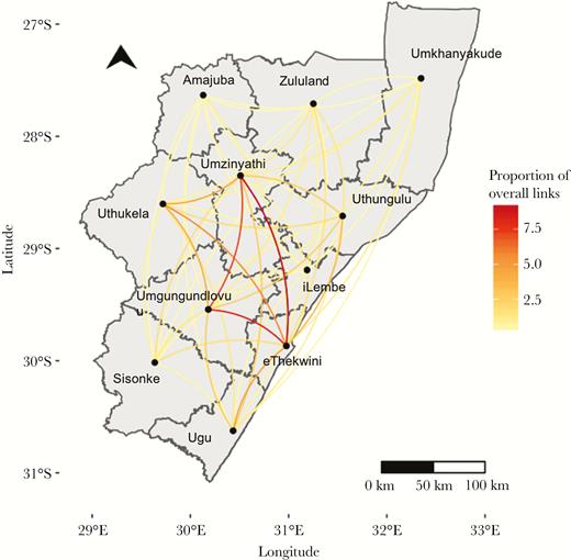 The proportion of genomic links between each district out of the total number of links involving that district is represented by the color of the line. Amajuba district, which had only one genomic link, was excluded from this analysis.