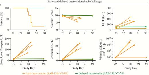 Back-challenge survival, blood chemistries, and viremia. Early intervention (EI) and delayed intervention (DI) nonhuman primates (NHPs) from experiment 2 were back-challenged with Ebola virus (target dose 1000 plaque-forming units) on day (d) 77 after initial exposure. Of the total NHPs in both groups (n = 10), 12.67% (1 of 6) of the EI group and 100% (4 of 4) of the DI group survived, respectively. Nonsurvivors had high viremia (8.3 × 108 to 3.6 × 1010 genome equivalents [GE]/mL). Survivors had no detectable viremia or changes in blood chemistries. Abbreviations: GGT, gamma-glutamyl transferase; LOQ, limit of quantification.