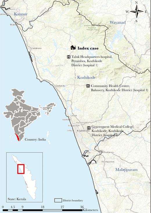 Map of Kozhikode District, Kerala State, India, showing the location of the index case in the Nipah virus disease outbreak and the hospitals where human-to-human transmission occurred. Service layer sources: Esri, HERE, DeLorme, Intermap, increment P Corp., GEBCO, USGS, FAO, NPS, NRCAN, GeoBase, IGN, Kadaster NL, Ordnance Survey, Esri Japan, METI, Esri China (Hong Kong), swisstopo, MapmyIndia, ©OpenStreetMap contributors, and the GIS User community.