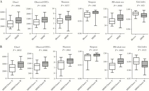 α-Diversity is increased in men who have sex with men (MSM) compared to heterosexuals; MSM of the Bacteroides-rich cluster are characterized by reduced α-diversity of their gut microbiota compared to MSM of the Prevotella-rich cluster. Boxplots show α-diversity in heterosexuals and MSM (A) and among MSM of the Bacteroides-rich cluster (cluster A) and MSM of the Prevotella-rich cluster (cluster B) (B) using different metrics (Chao1, observed operational taxonomic unit, Shannon, Simpson, Faith phylogenetic diversity, and Gini index). Abbreviations: Hetero, heterosexual; MSM, men who have sex with men; OTU, operational taxonomic unit; PD, phylogenetic diversity.